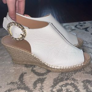 Maypol white leather upper sole Wedge with rhinestone buckle